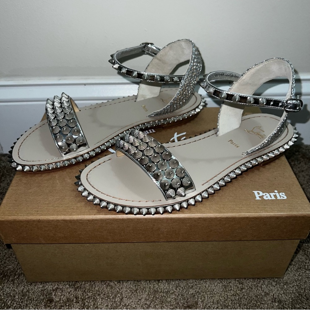 Authentic Christian Louboutin Silver Spike “Cordorella Flat” Sandals